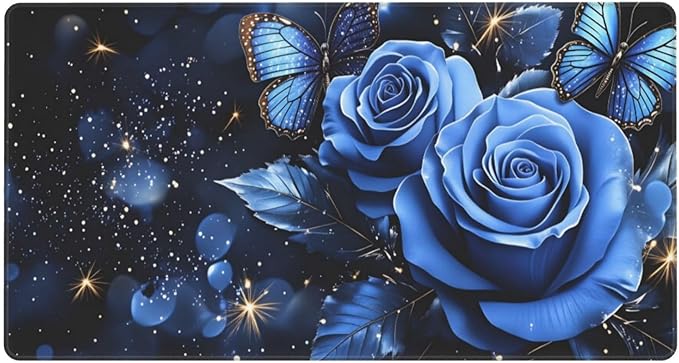 Blue Roses with Butterflies Desk Cover MatExtended Large Mouse PadComputer Laptop Mat Desk Decor for Office Game Home 30x16 Inch