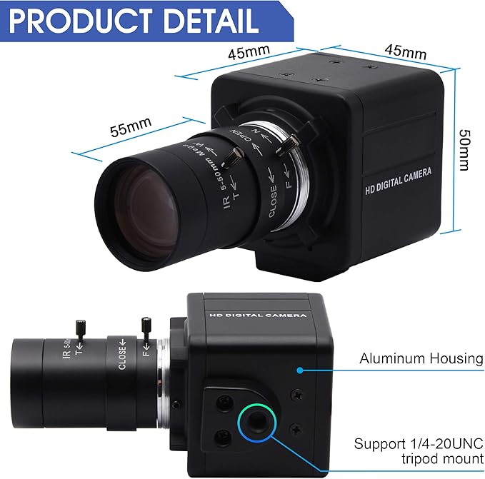 USB Camera 4K Ultra HD Webcam with 5-50mm Varifocal Lens USB Camera High Resolution 3840P Optical Web CameraManual Zoom Conference Webcam Support OPENCV on Mac/Window/Linux