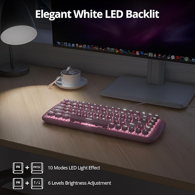 Pink Creamy Mechanical Gaming Keyboard Aesthetic w/White Backlit 84 Keys Cute Retro Typewriter Computer Keyboard Wired Round Keycaps for Windows/PC/PS5