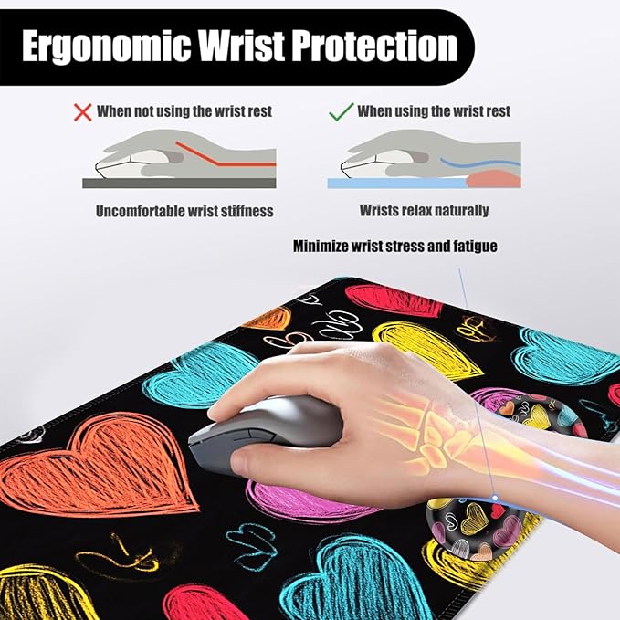 Mouse PadLarge Desk Mat Set 4in1 XL Mousepad + Keyboard Wrist Rest+Mouse Wrist Rest+Coaster with Ergonomic Desk Pad for Home Office Table Computer Cover -Colorful Chalk Drawn Hearts