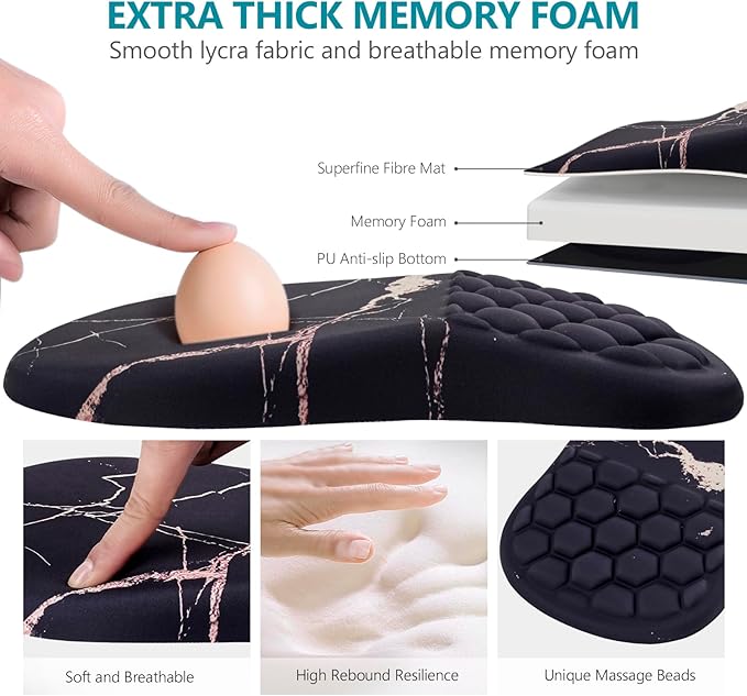 Mouse Pad Wrist Support Ergonomic Mouse Pad with Wrist Rest Comfortable Computer Mouse Pad for Laptop Pain Relief Mousepad with Non-Slip PU Base Black Gold Marble