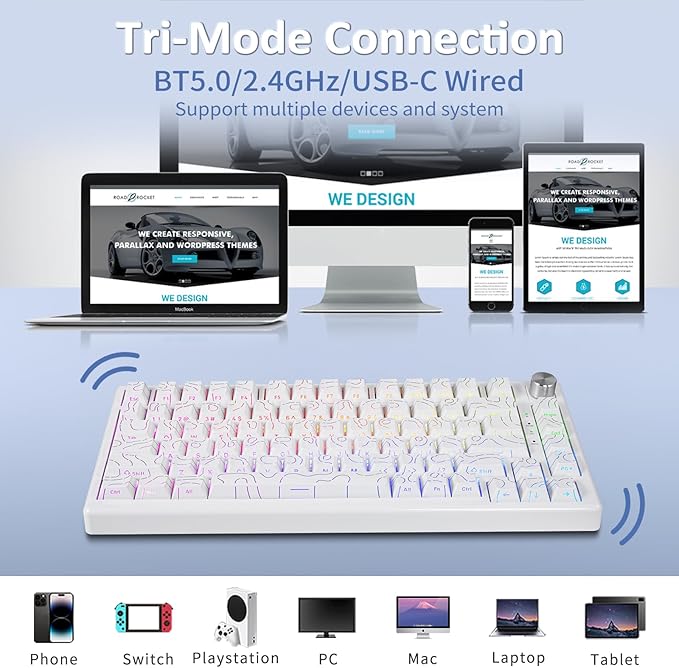 HUO JI 75% Wireless Mechanical Gaming Keyboard Bluetooth/2.4G/USB Wired Creamy Sound RGB Backlit Hot Swappable Pre-lubed Linear Switches Volume Knob Custom Gasket Structure for Win/Mac White