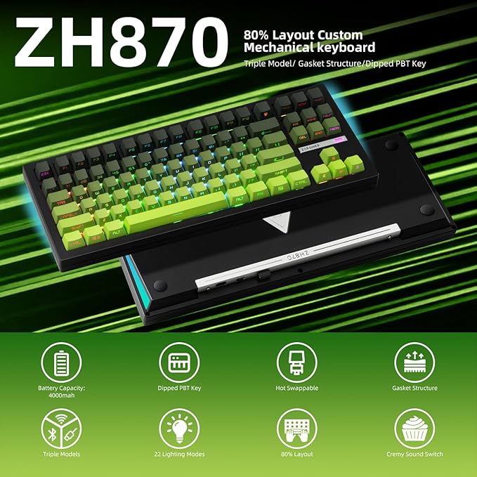ZORNHER ZH870 Wireless Mechanical Gaming Keyboard80% Green Custom Creamy Sound Keyboard with Shine Through PBT KeycapsPre-lubed Linear SwitchesHot-SwappableRGB Backlit2.4GHz/USB-C/BT5.0