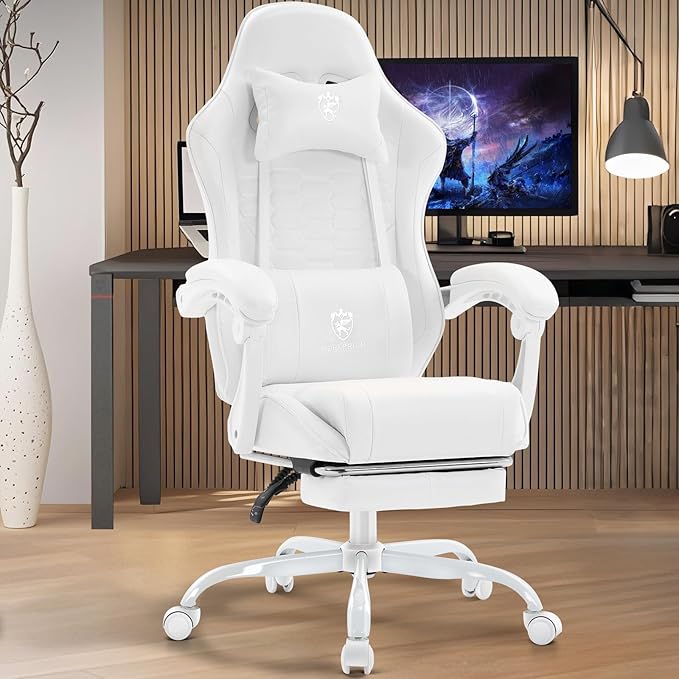 White Gaming ChairComputer Office Chair with FootrestMassage Lumbar Support and Gel PadErgonomic Reclining Adjustable Leather Gamer Chair with Headrest and Spring Cushion White