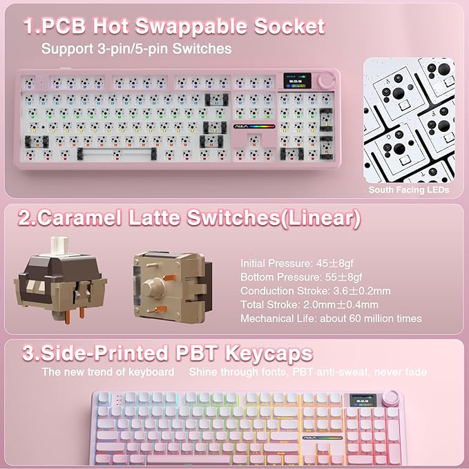 AULA F108 PRO - Wireless Mechanical Keyboard with Screen &amp KnobFull Size Keyboard with 8000mAh BatteryPre-lubed SwitchesSide Printed PBT KeycapsRGB Backlit Hot Swappable Custom Pink Keyboards