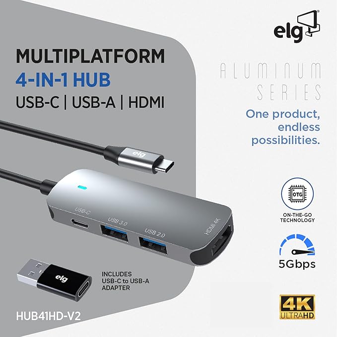 USB-C 4-in-1 Hub Adapter with HDMI 4K 2 USB-A Ports and USB-C Power Delivery High-Speed Multiport Expansion for Laptops Tablets and USB-C Devices