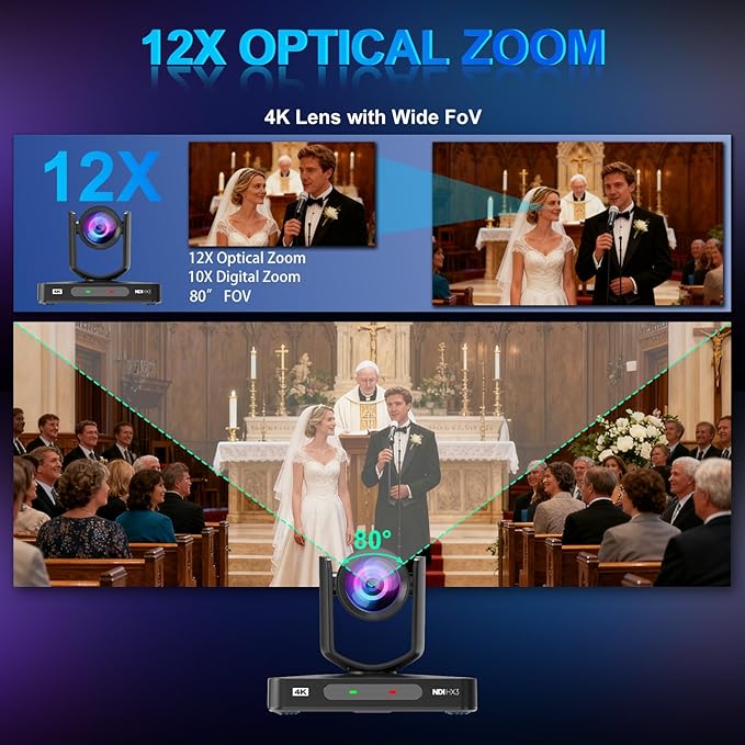 AVKANS 4K PTZ Camera NDI HX2 HDMI SDI POE PTZ Camera with IP Live Streaming for Church Worship Live EventsPoE Support(4K 30FPS)