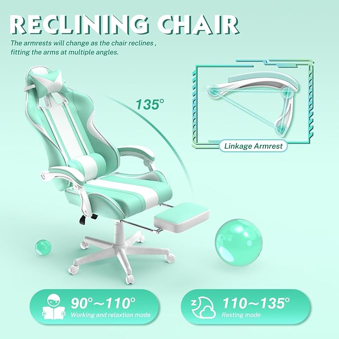 Ferghana Kawaii Light Green Gaming Chair with Bunny Ears Ergonomic Cute Gamer Chair with Footrest and Massage Racing Reclining Leather Computer Game Chair 250lbs for Girls Adults Teens Kids