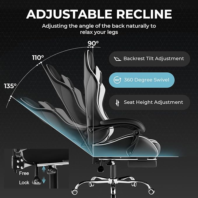 GTPLAYER Gaming Chair Computer Chair with Footrest and Lumbar Support Height Adjustable Game Chair with 360°-Swivel Seat and Headrest and for Office or Gaming (White)