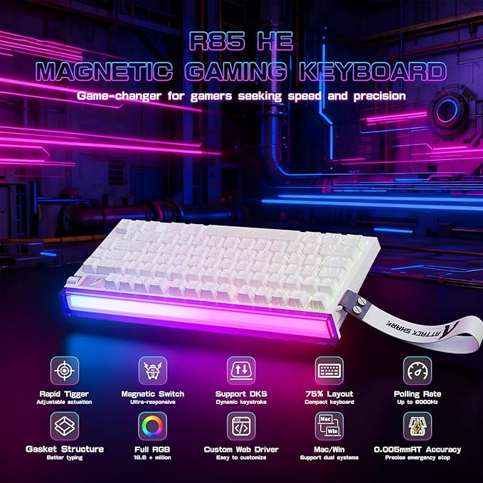 ATTACK SHARK R85 HE Wired Rapid Trigger Mechanical RGB Gaming Keyboard with Custom Lightbox8KHz Polling Rate0.005mm RT Accuracy0.08MS LatencyHall EffectMagnetic SwitchDriver for PC-White Contour