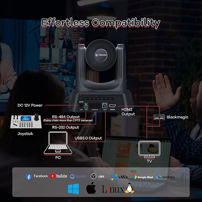TONGVEO 4K Conference Room PTZ Camera AI Auto Tracking 3X Optical Zoom HDMI/USB3.0 Wide-Angle Video Conference Camera for Church Worship Live Streaming Meeting with Zoom YouTube OBS and More