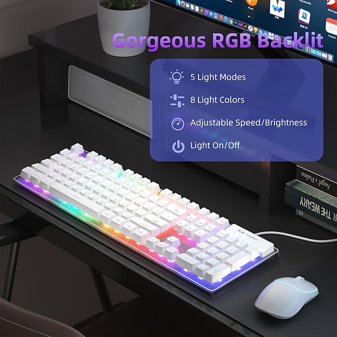 MageGee V550 Wireless Gaming Keyboard and Mouse 2.4G Full-Sized RGB LED Computer Keyboards with Transparent Shell Rechargeable Quiet Cordless Mouse &amp Keyboard Combo for Laptop/PC/Desktop (White)