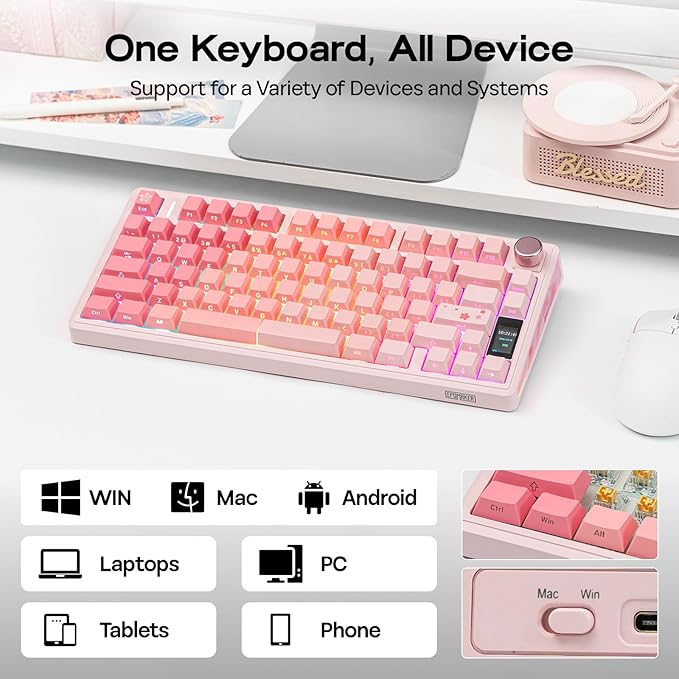 EPOMAKER TH80 V2 PRO Wireless Gaming Keyboard with Screen&ampKnob 10000mAh 2.4Ghz/BT/USB-C RGB Hot Swap Custom Driver NKRO PBT Keycap Mechanical Keyboard for PC/Mac (Pink Creamy Jade)