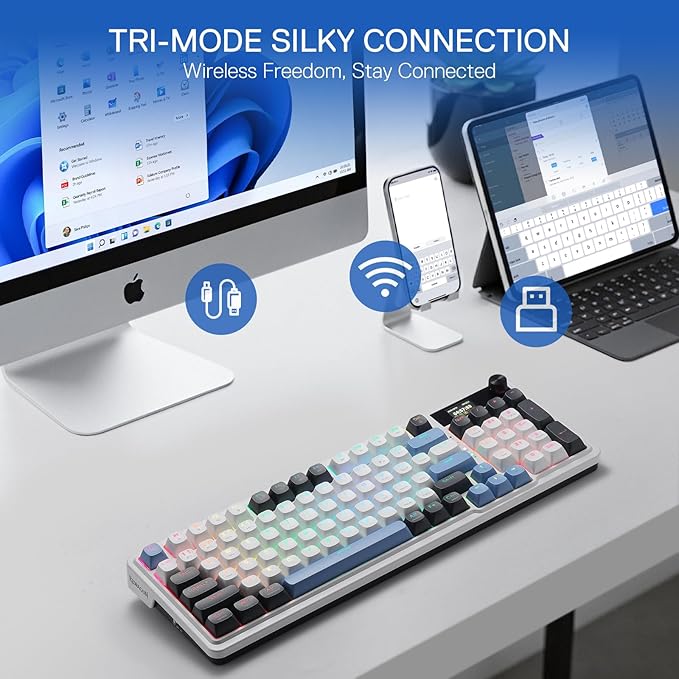 Redragon K719 Wireless Gasket Gaming Keyboard w/Hype Screen &amp Knob 95 Keys Mechanical Keyboard Easy-Control 1.14’’ TFT Info Display 5-Layer Noise Dampener Round PBT Keycaps Mint Mambo Switch