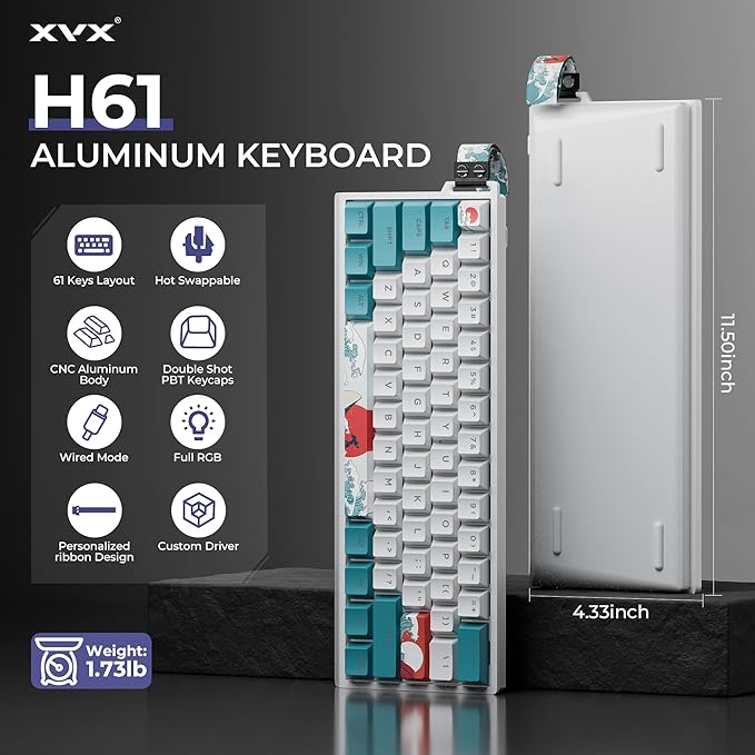 HITIME x XVX 60% Percent Keyboard with Strap H61 Wired Aluminum Gaming Keyboard Hot Swappable Kanagawa Anime PBT Keycaps RGB Backlit Cherry Profile Sound Absorbing Pads Creamy Linear Switch