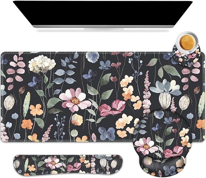 ARTSO Desk Mat Large Gaming Mouse Pad Wrist Support Set Ergonomic Keyboard Wrist Rest Desk Pad with Coaster Combo Extended Mousepad with Non-Slip for Home Office Flowers Plants