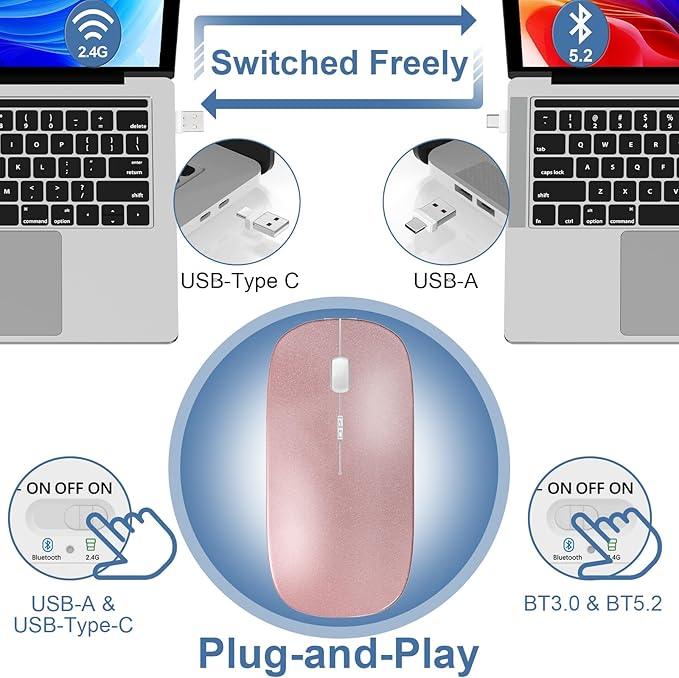 Wireless Bluetooth Mouse for Mac Air MacBook Pro Laptop PC Pad Optical Rechargeable Silent Mouse with Jiggler Mode Dual Mode Switch Bluetooth 5.2/3.0 and 2.4G USB-A &amp USB-C Receiver Silvery