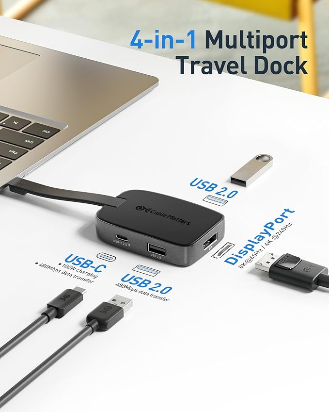 Cable Matters 4K@240Hz USB C Hub DisplayPort 1.4 with 100W Charging Support 8K@60Hz HDR(Foldable USB C to DisplayPort Hub) Compatible with Thunderbolt 4 MacBook XPS iPad Pro iPhone 16/15 Pro