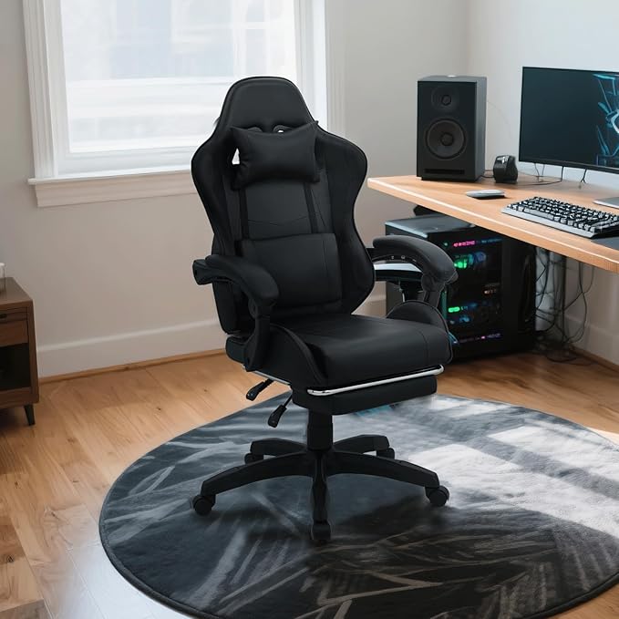 Gaming Chair Ergonomic Computer Chairs with Arms Lumbar Support Footrest Headrest 360°Swivel Chair Adjustable Back and Height Leather PC Chairs for Gaming Study Office Black