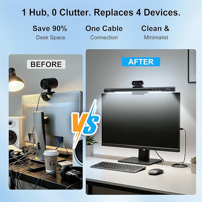 4K Webcam with Microphone and Speaker 4-in-1 Web Cam with Integrated Fill Light Bar Webcam for Pc Have Dual Speakers HDR Auto Light Correction Privacy Cover for Computer We bcam &amp Standing De