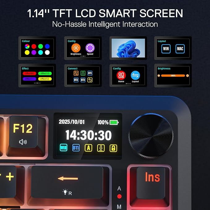 Redragon K724 PRO Wireless Gasket Gaming Keyboard w/Hype Screen &amp Knob 81-Key Mechanical Keyboard Easy-Control 1.14’’ TFT Info Display 5-Layer Noise Dampening Custom Linear Switch
