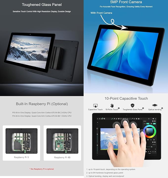 10.1inch 1280×800 Industrial HMI All-in-one Touch Display for Raspbery Pi Supports Dual 4K HDMI Output 10-Point Touch Accessories Pack Pnly Withou Raspbery Pi with Power Supply + TF Card