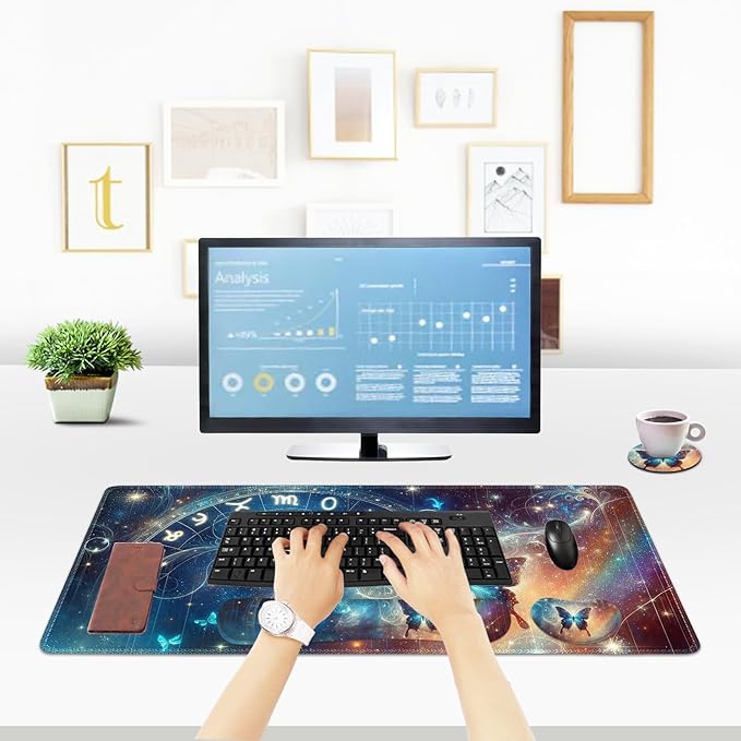 ToLuLu Large Mouse Pad Desk Pad Set Wrist Rest Support Desk Mat for Keyboard and Mouse 4PCS 35.4”x15.7 XXL Giant Mouse Pad Non-Slip Base Stitched Edges Mousepad Home Office Glittering Butterfly