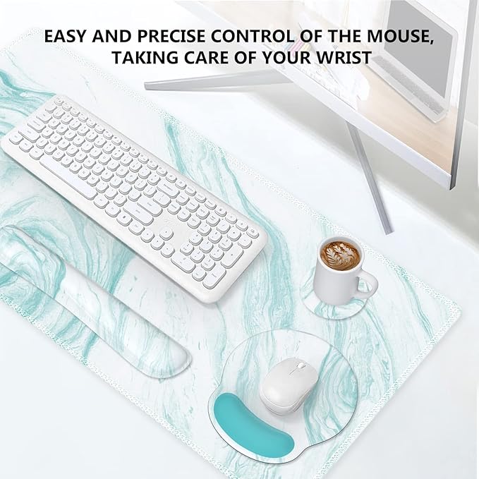 iLeadon Keyboard Mouse Pad Set Large Gaming Mouse Pad + Keyboard Wrist Rest + Mouse Pad with Wrist Support + Coaster Easy Typing Pain Relief 4in1 Desk Mat Set for Home Office Teal Turqoise Marble