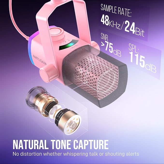 FIFINE XLR/USB Gaming Microphone Kit with Boom Arm Stand RGB Streaming Mic for Computer Compatible with PC/PS4/PS5 Podcast Mic Set with Headphone Jack Volume Knob Mute-AmpliGame AM8PROT Pink