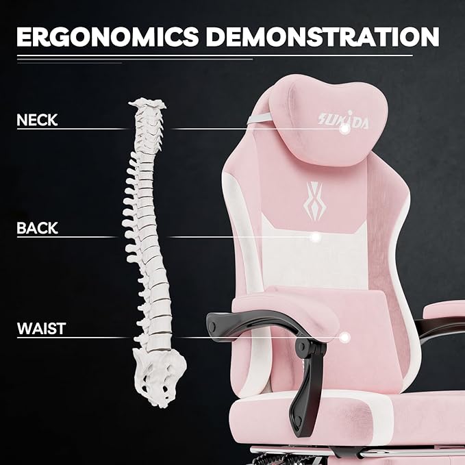 SUKIDA Ergonomic Gaming Chair — Premium Computer Video Gaming Chair with Massage Lumbar Support Adjustable Headrest &amp Footrest Plush Chenille Fabric for Office and Home UsePink