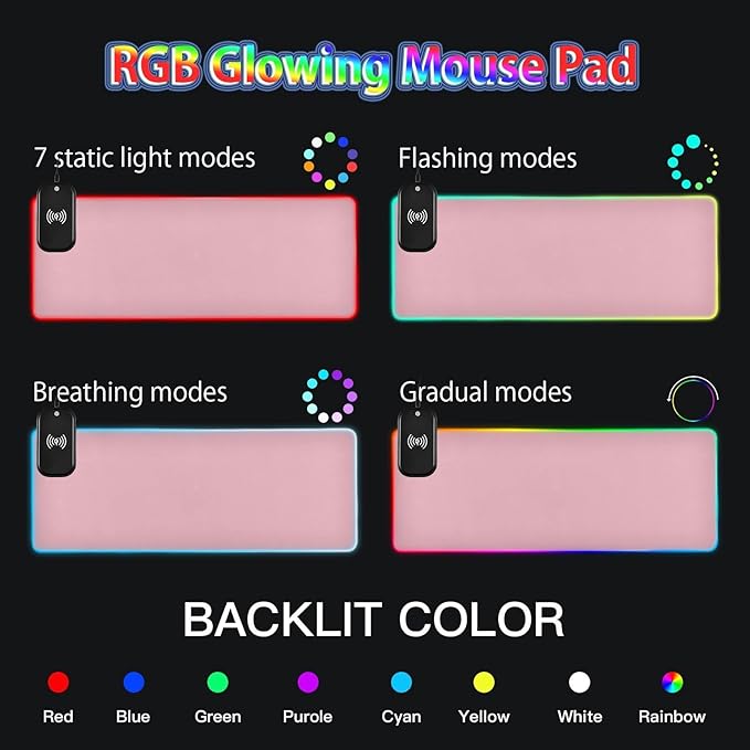 Pinks Mouse Pad Gaming Mousepad Non Slip Desk Mat Wireless Charging Computer Mouse Pads RGB Keyboard Mats Pad for Desktop Office Home 31.5 x 11.8 in
