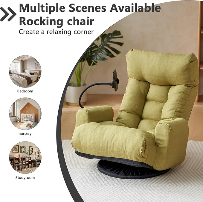 360-Degree Swivel Floor Chair with 5-Position Folding Design Adjustable Headrest Waist Support Armrests and Phone Holder for Living Room (Green+Fine Linen)