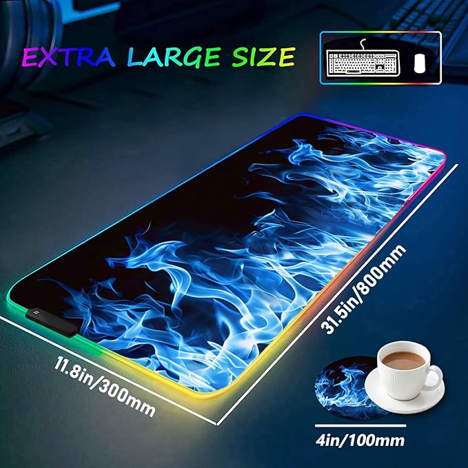 RGB Gaming Mouse Pad with Coffee Coaster XXL Large Glowing LED Mousepad Anti-Slip Rubber Base Computer Keyboard Desk Mouse Mat 31.5 X 11.8 Inch - Blue Flame