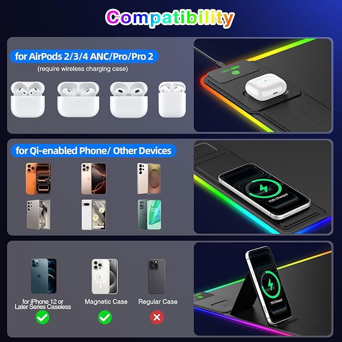 XXL RGB LED Gaming Mouse Pad with Magnetic Wireless Charger &amp Foldable Phone Holder 31.5x15.8 Extended Ultra-Smooth Desk Mat 25 Lighting Effects Non-Slip Base Includes 20W PD Adapter
