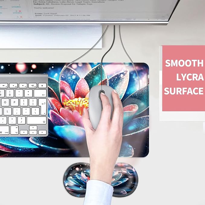 Mouse PadLarge Desk Mat Set 4in1 XL Mousepad + Keyboard Wrist Rest+Mouse Wrist Rest+Coaster with Ergonomic Desk Pad for Home Office Table Computer Cover -Sparkling Blue Pink Lotus