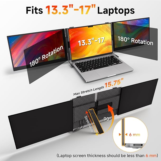 Laptop Screen Extender Monitor - Triple 14 Ultra Thin IPS FHD 1080P Portable Monitors for 13.3-17 Laptops Compatible with Windows Mac Travel Work