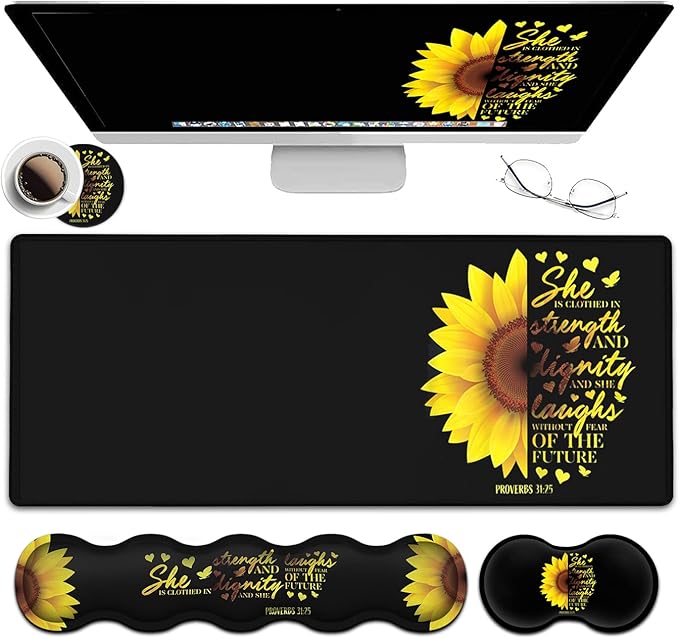 Gaming Black Mouse Pad + Keyboard Wrist Rest XL Large Mouse Mat Sunflower Christian Verse Proverbs 31-25 Extended Desk Pad Non-Slip Rubber Mice Pads Stitched Edges Pad (31.5x11.8 in)