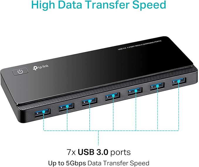 TP-Link Powered USB Hub 3.0 with 7 USB 3.0 Data Ports and 2 Smart Charging USB Ports. Compatible with Windows Mac Chrome &amp Linux OS with Power On/Off Button 12V/4A Power Adapter(UH720)