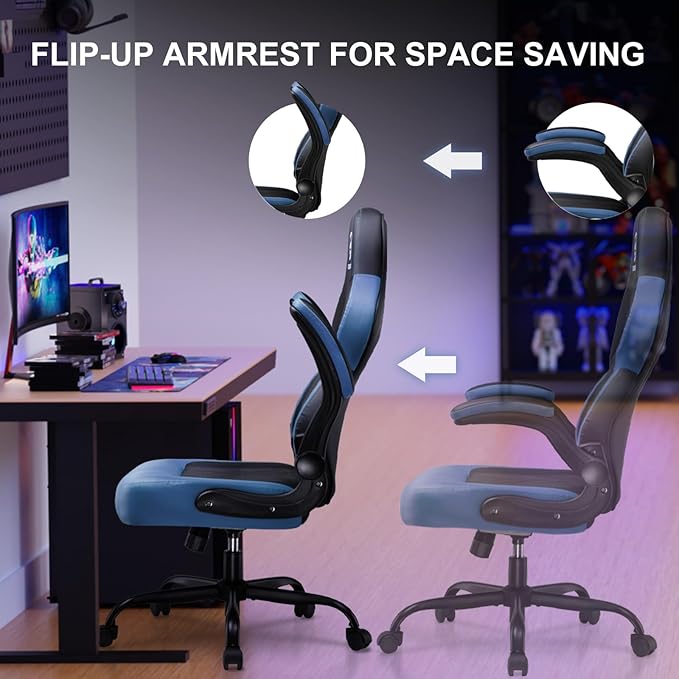 GTPLAYER Video Gaming Chair Ergonomic Computer Gaming Chair with Flip-Up Armrests and Adjustable Height Comfortable Desk Chairs with Built-in Lumbar Support Recliner with 360°Swivel (Blue)