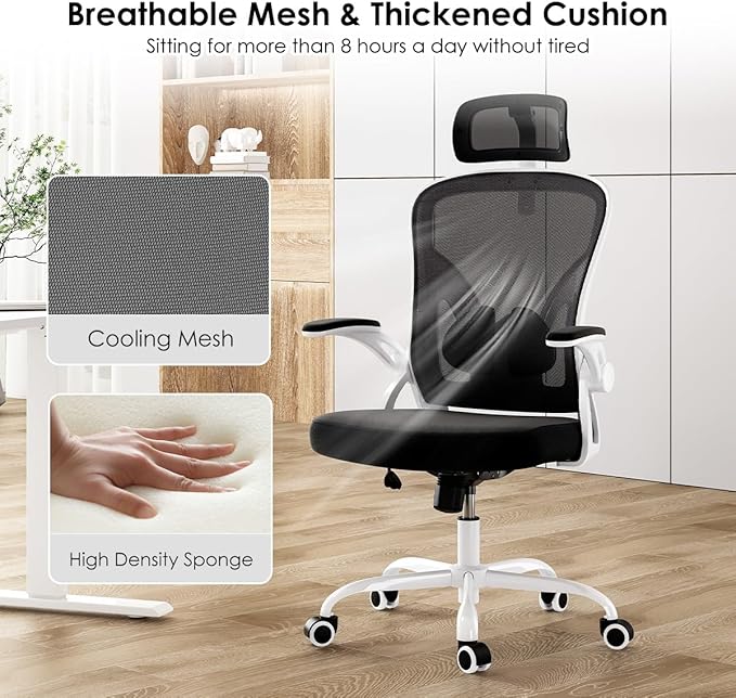Ergonomic Office Chair with Adjustable Headrest and Flip-Up Armrests - High Back Mesh Computer Desk Chair with Lumbar Support for Home Office Gaming and Study (Black &amp White Model E)