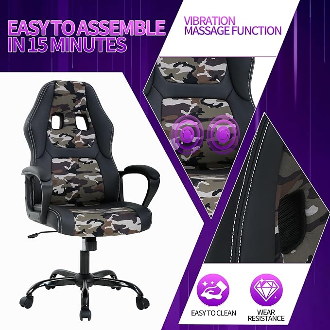 Gaming Chair Office Chair Adjustable Ergonomic High Back Massage Computer Desk Chairs with Lumbar Support PU Leather Racing Chairs Rolling Swivel for Adult &amp TeenCamo