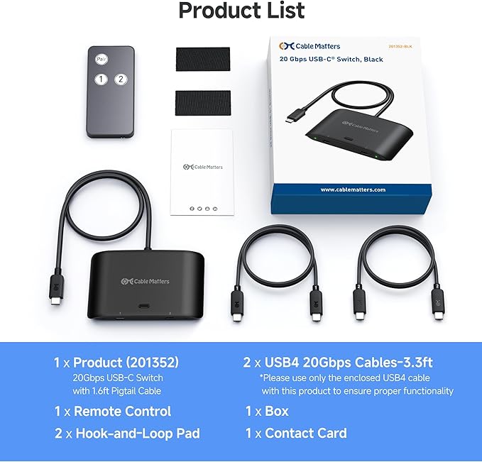 Cable Matters 20Gbps USB C Switch for 2 Computers Up to 8K@30Hz on Windows 4K@60Hz on macOS 140W PD for Sharing a USB-C/Thunderbolt 4 Monitor or Dock (Not Work with Captive Cable Docks) Black