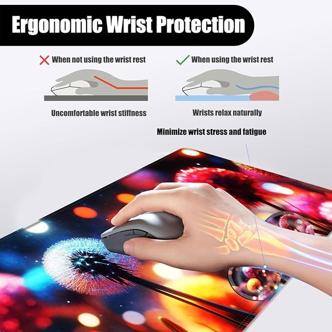 Mouse PadLarge Desk Mat Set 4in1 XL Mousepad + Keyboard Wrist Rest+Mouse Wrist Rest+Coaster with Ergonomic Desk Pad for Home Office Table Computer Cover -Colorful Glowing Dandelions