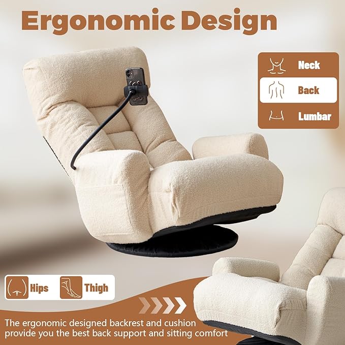 Teddy 360° Swivel Floor Gaming Sofa Chair - Beige | Adjustable Head &amp Waist Support Padded Cushion Folding Gaming Lounge Chair with Armrests &amp Phone Holder | Home Office