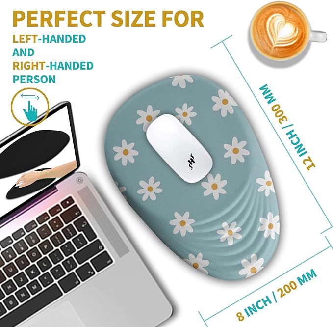 Hokafenle Ergonomic Mouse Pad Wrist Support with Stepped-Wedge Design Wrist Rest Pain Relief Mousepad Filled with Memory Foam Carpal Tunnel Mousepad for Wireless Mouse(12x8 inch Little Daisy)