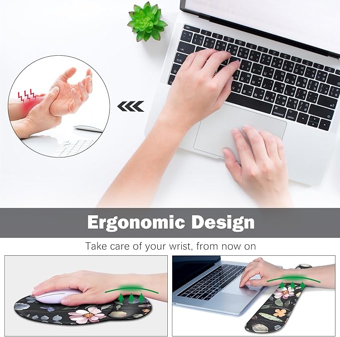 ARTSO Desk Mat Large Gaming Mouse Pad Wrist Support Set Ergonomic Keyboard Wrist Rest Desk Pad with Coaster Combo Extended Mousepad with Non-Slip for Home Office Flowers Plants