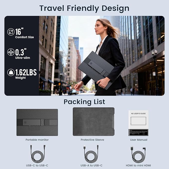 Portable Monitor 16 Inch FHD 1200P Horizontal/Vertical Monitor Plug &amp Play Built-in Speakers &amp Headphone Jack Travel Monitor for Laptop with Premium Smart Cover