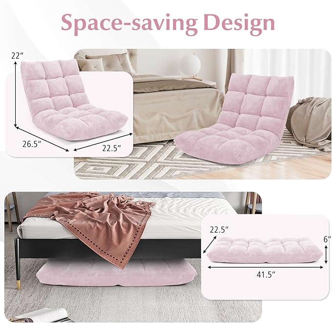 BETTARY Floor Chair with Back Support 14-Position Adjustable Lazy Floor Sofa with Memory Foam Padding Couch Recliner for Adults Folding Sleep Bed for Reading Meditating Gaming (Light Pink)
