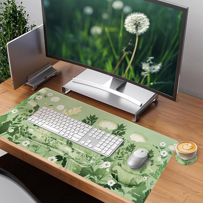 MOSISO Wrist Rest Support for Keyboard Mouse Pad Set Wild Chrysanthemum Large Mousepad&ampKeyboard and Mouse Pad&ampCoaster Ergonomic Non-Slip Easy Typing Mousepad with Memory Foam for Home Office