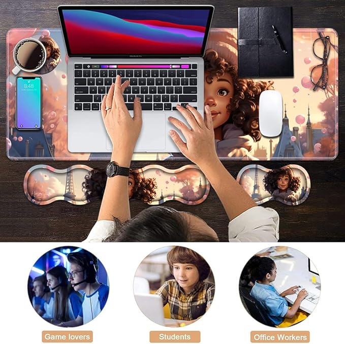 Ergonomic Keyboard Wrist Rest &amp Mouse Pad Wrist Rest Set Large XXL Gaming Desk Mat 31.5x 11.8 with Memory Foam Easy Typing Pain Relief for Office &amp Home Cute African American Girl